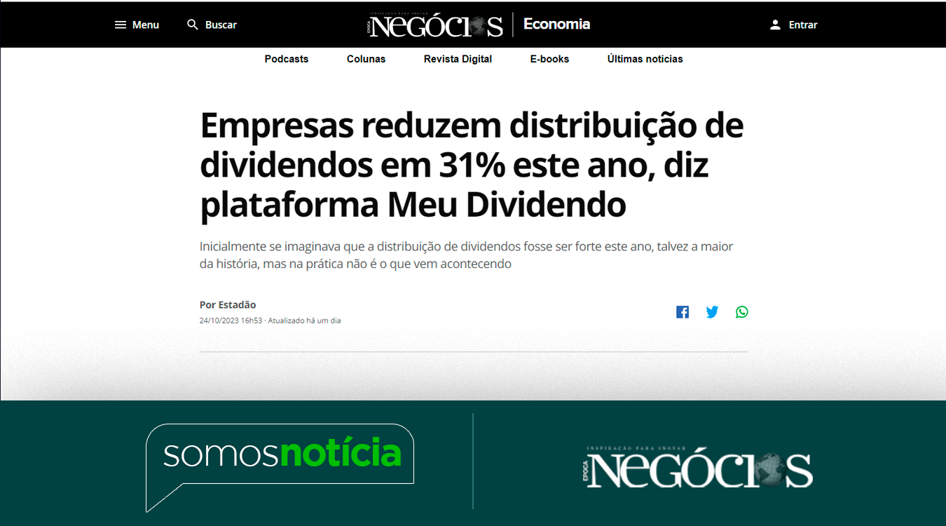 Empresas reduzem distribuição de dividendos em 31% este ano, diz plataforma Meu Dividendo